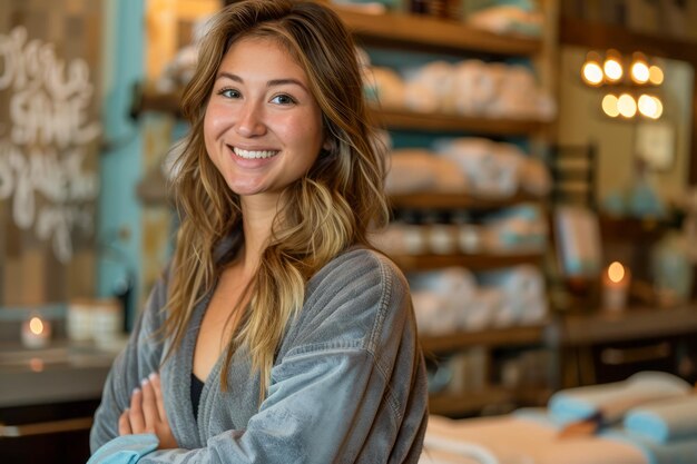 Une jeune femme confiante souriante dans un cadre décontracté avec les bras croisés Atmosphère chaleureuse Intérieur