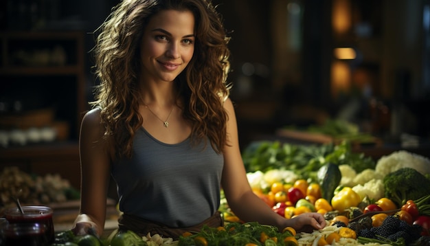 Une jeune femme confiante souriante tenant des légumes frais dans un supermarché générés par l'IA