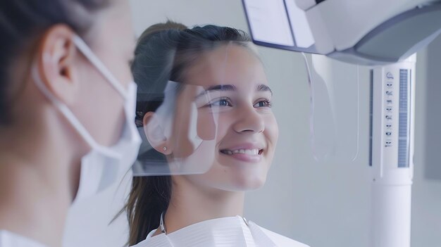 Une jeune femme confiante subit une radiographie dentaire au cabinet dentaire.