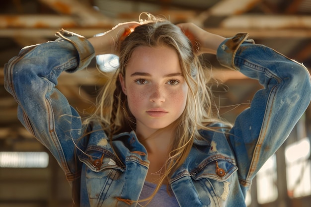 Une jeune femme confiante en veste denim posant avec les mains dans les cheveux dans un cadre intérieur rustique naturel