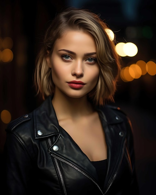 Une jeune femme confiante avec une veste élégante et une coiffure glamour