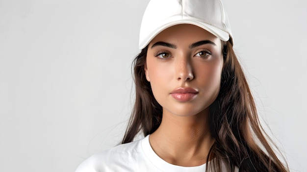 Une jeune femme confiante en vêtements décontractés blancs posant avec une casquette de baseball Portrait de studio montrant un style de mode moderne Idéal pour la représentation d'un style de vie sportif AI