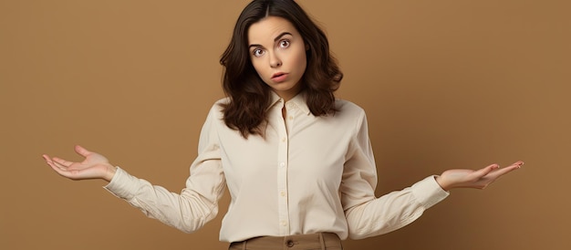 Une jeune femme confuse avec un espace de copie vierge, debout sur un fond marron, en chemise et pantalon, lève la paume dans la confusion pour votre contenu publicitaire