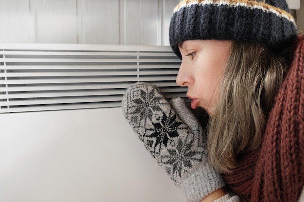 Jeune femme congelée portant un chandail tremblant et gelant pour le froid hivernal avec une expression de choc sur le visage La fille se réchauffe les mains avec le souffle sur un radiateur électrique Inconfort de passer du temps à la maison