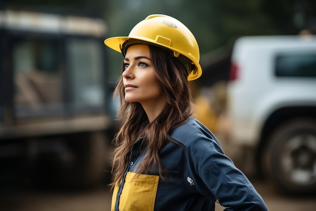 Jeune femme de constructeur en uniforme de construction et casque de sécurité avec vue latérale
