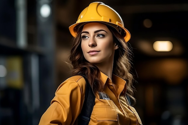 Jeune femme de constructeur en uniforme de construction et casque de sécurité avec vue latérale