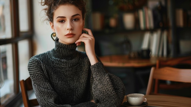 Une jeune femme contemplative dans un pull confortable profite d'un moment de calme dans un café