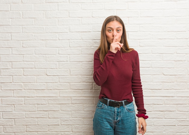 Jeune femme cool sur un mur de briques gardant un secret ou demandant le silence