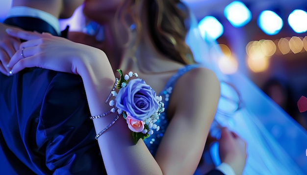 Une jeune femme avec un corsage et son date de bal dansant sur fond bleu en gros plan