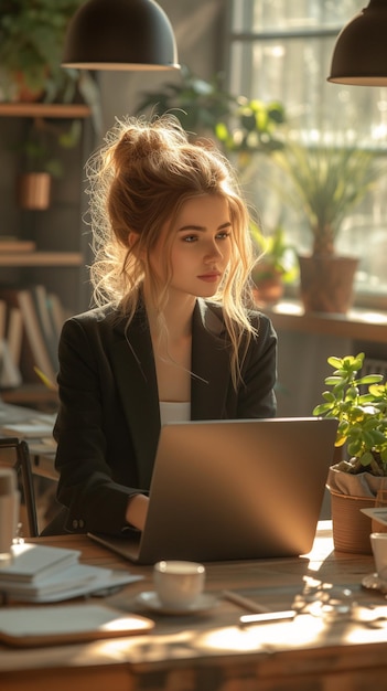 Une jeune femme en costume d'affaires noir avec un ordinateur portable gris dans le bureau