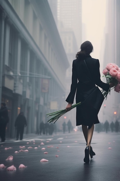 Une jeune femme en costume noir tenant un bouquet de pivoines roses