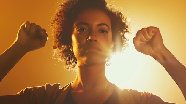 Photo une jeune femme de couleur avec ses poings levés en l'air regardant la caméra avec une expression déterminée