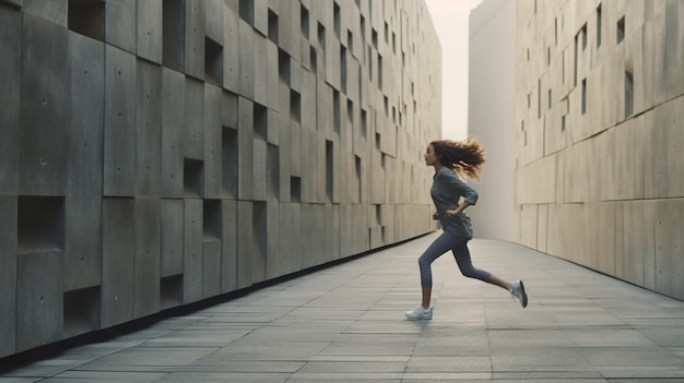 Jeune femme courant le long d'un mur de béton dans la ville Generative AI