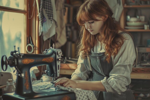 Jeune femme couturière utilisant une machine à coudre vintage à la maison