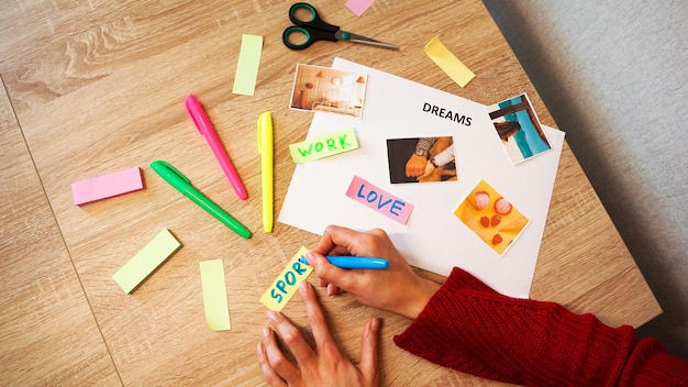 Jeune femme créant une carte de souhaits feng shui visualisation des rêves