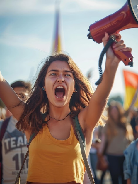 Une jeune femme crie passionnément dans un mégaphone pour exprimer son indignation et sa conviction lors d'une manifestation ou d'un rassemblement public.