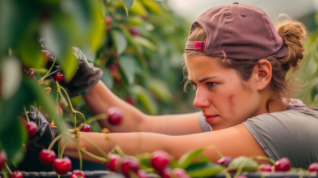 Une jeune femme cueille des cerises lors d'une ferme durable à l'occasion de la Journée internationale de l'environnement