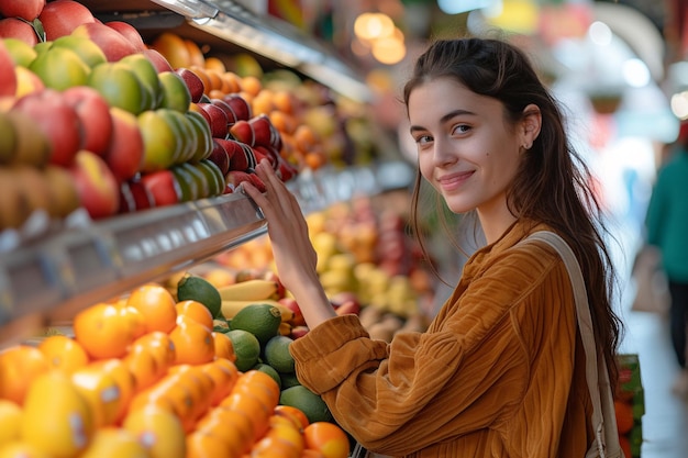 Une jeune femme cueille des fruits à l'épicerie avec une IA générée