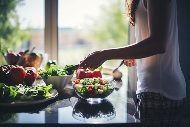 jeune femme cuisinant dans la cuisine nourriture saine