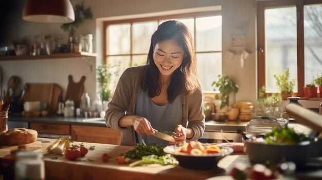 Jeune femme cuisinant dans la cuisine