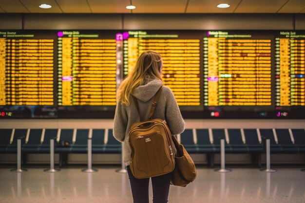 Une jeune femme dans un aéroport international regarde le panneau d’information de vol Generative AI