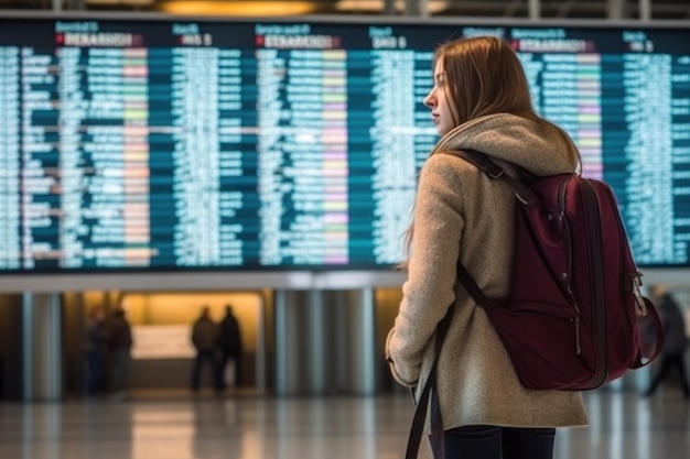 Une jeune femme dans un aéroport international regarde le panneau d’information de vol Generative AI