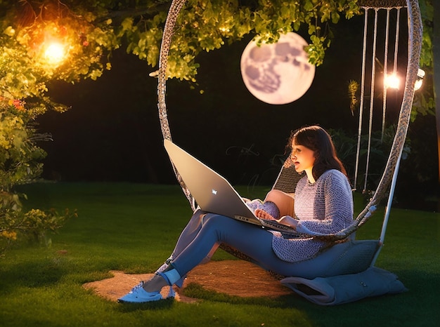 Une jeune femme dans une balançoire de jardin, son ordinateur portable éclairé par la douce lumière de la lune