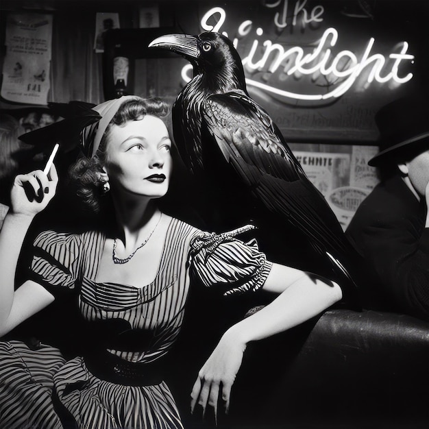 Photo une jeune femme dans un bar avec un corbeau noir dans le style des années 1930