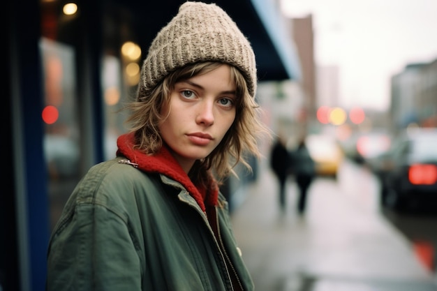 une jeune femme dans un bonnet debout sur une rue de la ville