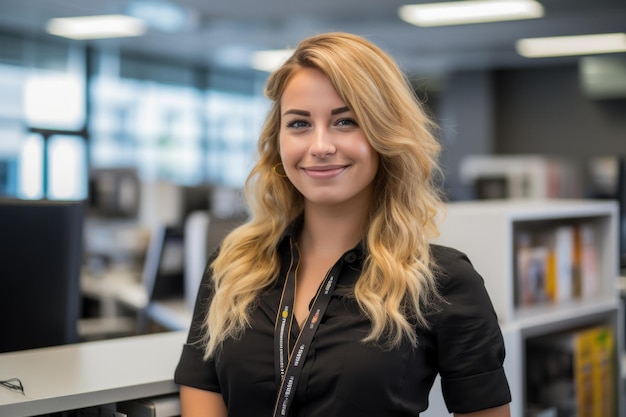 une jeune femme dans un bureau avec un sourire sur son visage