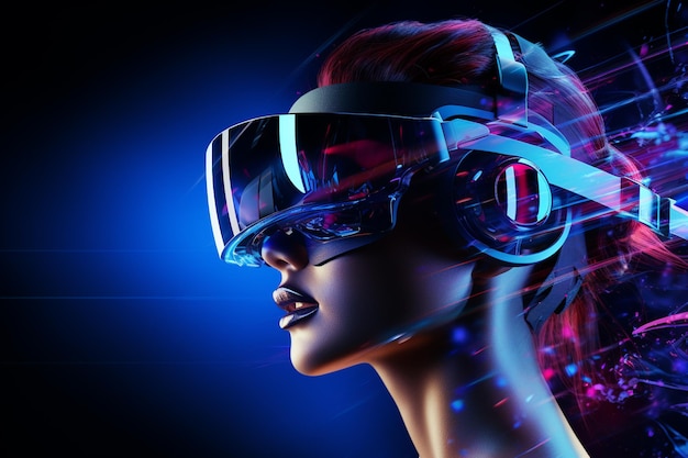 Une jeune femme dans un casque de réalité virtuelle Concept de technologie du futur Rendering 3D