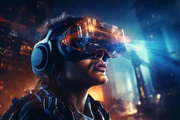 Une jeune femme dans un casque de réalité virtuelle Concept de technologie du futur Rendering 3D