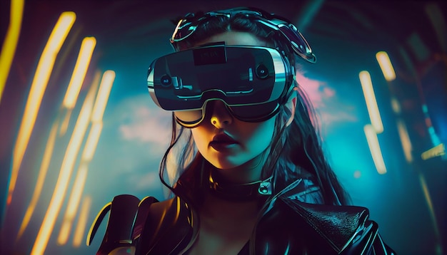 Jeune femme dans un casque de réalité virtuelle Future technology conceptgenerative ai