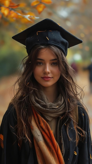 Une jeune femme dans une casquette et une robe de graduation