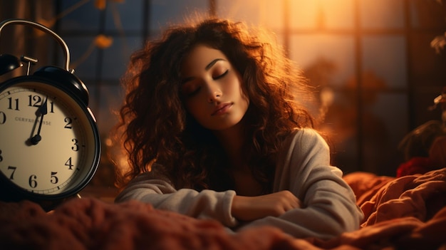 Photo jeune femme dans la chambre avec réveil la nuit