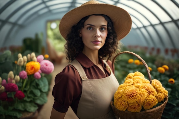 Jeune femme dans un chapeau et une robe marron avec un tablier jaune debout à la ferme Dahlia parmi les fleurs dans une maison verte Génération AI