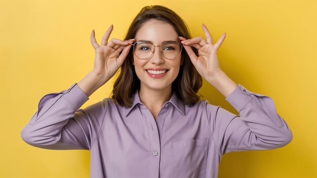 Jeune femme dans une chemise lilas sur un fond blanc dans des lunettes pour la vision positive joyeuse dans un goo