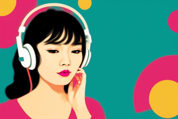 Une jeune femme dans les écouteurs A Woman's Journey of Musical Bliss through Headphones Copy space Generative AI