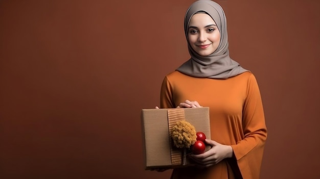 Une jeune femme dans un hijab tient une boîte-cadeau dans les mains