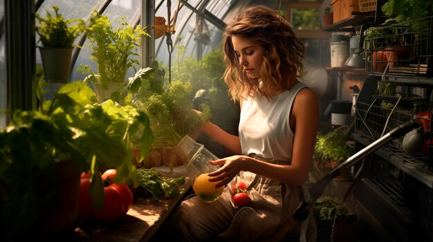 Photo une jeune femme dans le jardin avec des plantes dans des pots