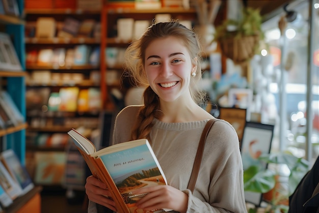 Une jeune femme dans un magasin souriante et portant un sac