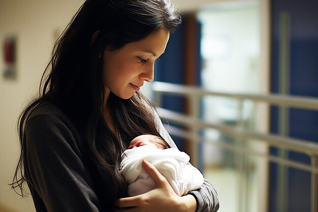 une jeune femme dans la maternité avec un petit enfant