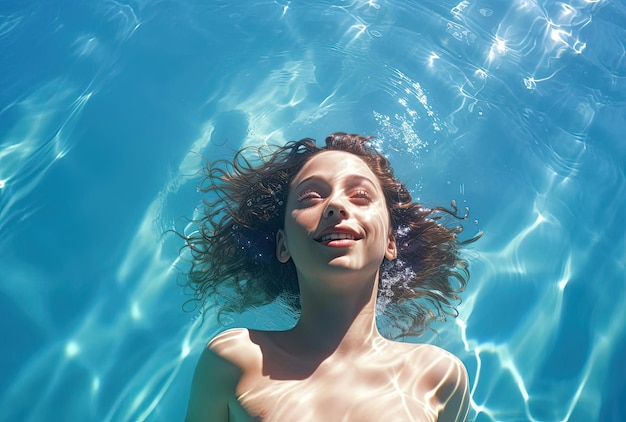 une jeune femme dans une piscine dans le style de l'effet calmant