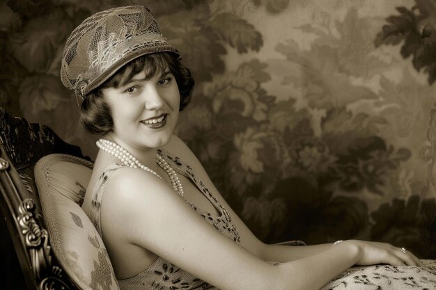 Une jeune femme dans une robe flapper des années 1920 est assise sur une chaise lounge vintage