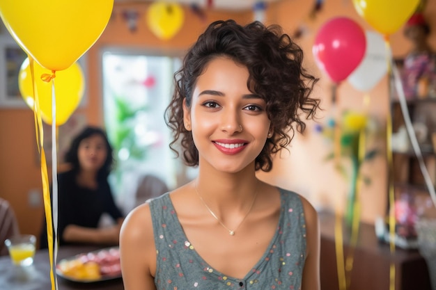 jeune femme dans sa chambre avec un ballon coloré et donnant une expression heureuse