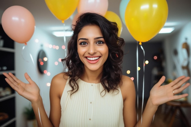 jeune femme dans sa chambre avec un ballon coloré et donnant une expression heureuse