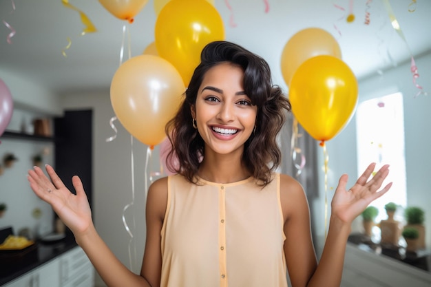 Photo jeune femme dans sa chambre avec un ballon coloré et donnant une expression heureuse