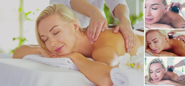 Jeune femme dans un salon spa se massage aux pierres