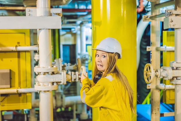 Jeune femme dans un uniforme de travail jaune lunettes et casque dans une plate-forme d'environnement industriel ou