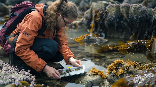 Photo une jeune femme dans une veste orange et des lunettes s'agenouille pour examiner des algues dans une piscine de marée